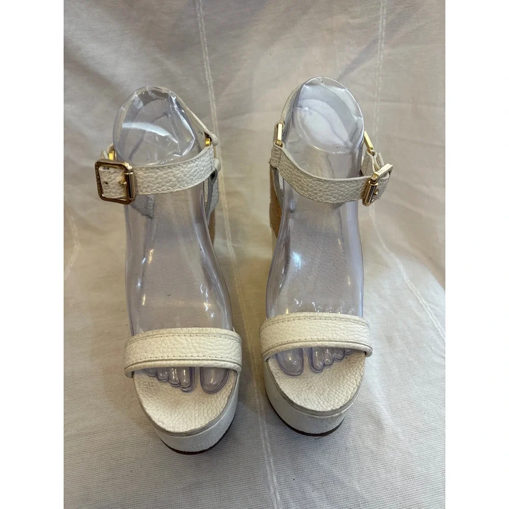 Tory Burch White Pebbled Leather Platform Wedge Sandals Gold Logo Size 8M Brazil